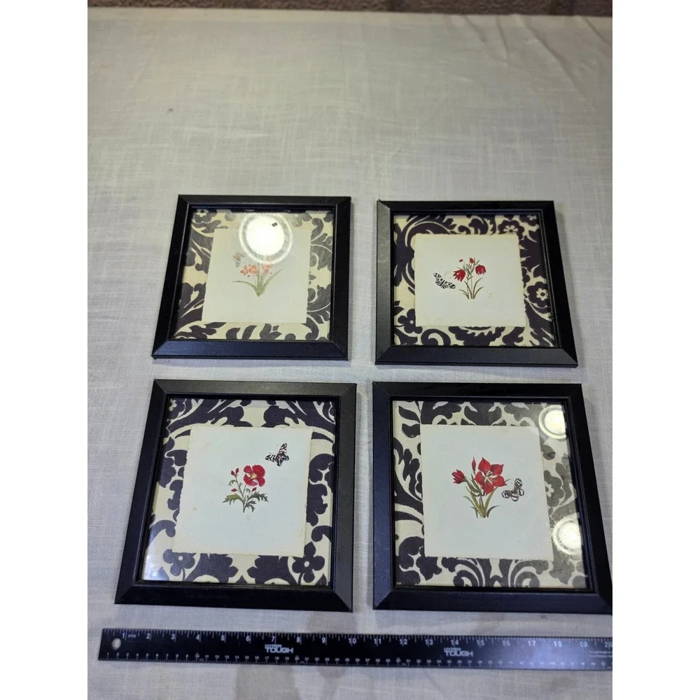 Home Interiors Set of 4 Framed Floral Butterfly Damask Wall Art Black Red 8.5in